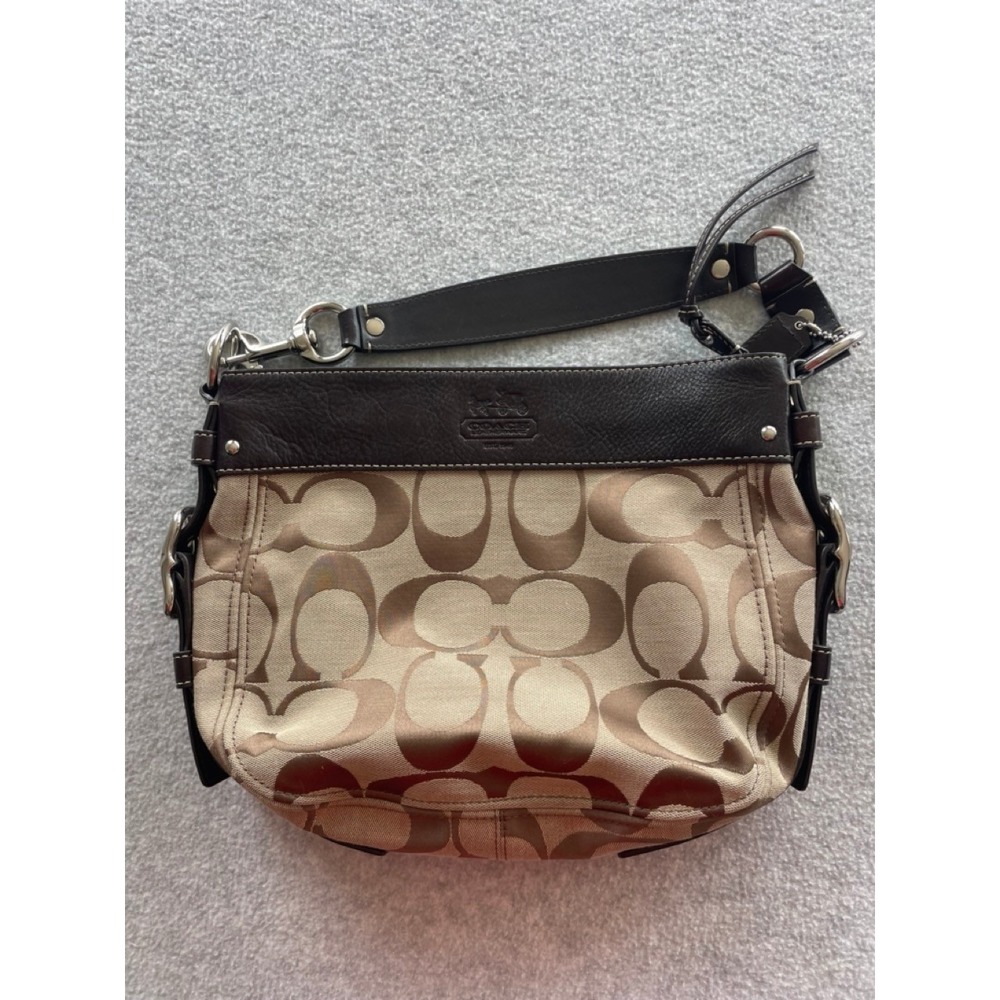 Coach Signature Jacquard Shoulder Bag Khaki Brown Leather Trim Hobo 15111